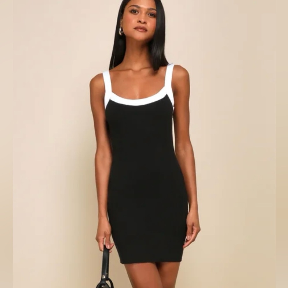 LULU’S EFFORTLESS INFLUENCE BLACK RIBBED COLOR BLOCK MINI SWEATER DRESS